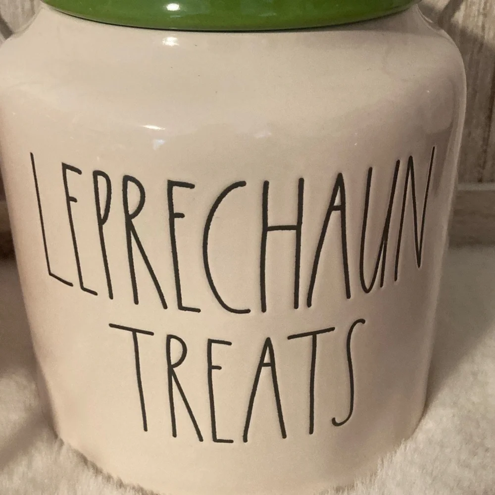 Rae Dunn Leprechaun Treats Ceramic Jar with Green Lid
